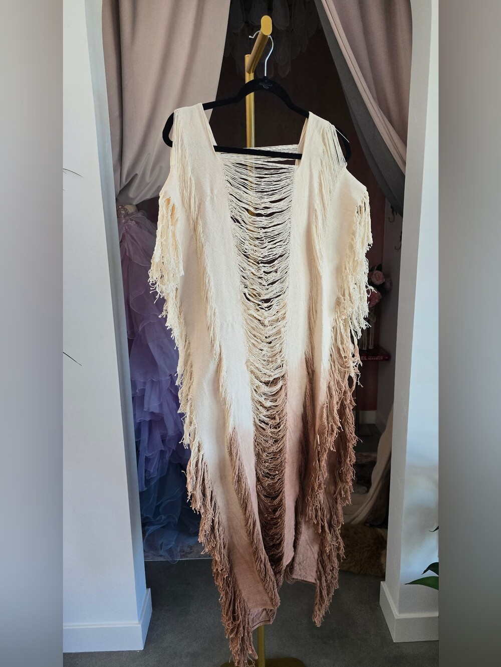 Thrifts + Threads Crudo Maxi Kaftan  Fringe Open-Front Throw in Cream and Brown